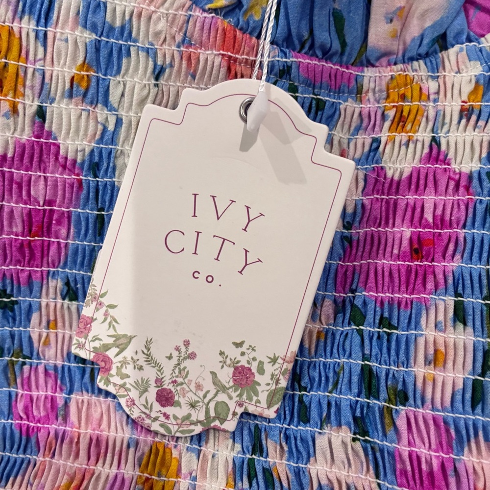 Ivy City Co 2x Delia Smocked Puff-Sleeve Midi Dress in Floral Blue NWT Feminine - Picture 7 of 12